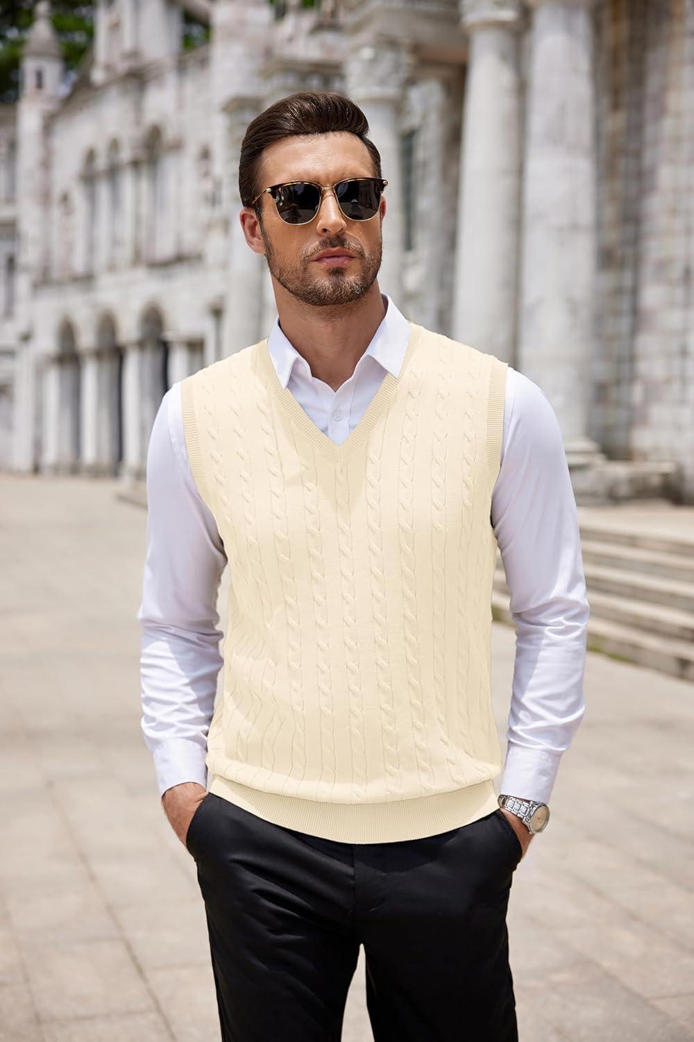 imageCOOFANDY Mens Sweater Vest Cable Knitted V Neck Slim Fit Sleeveless Pullover SweaterBeige