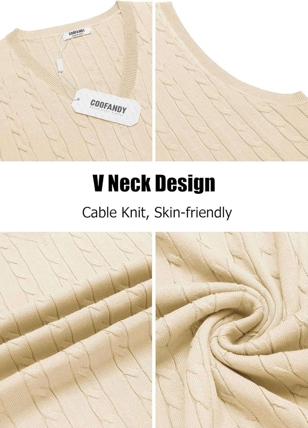 imageCOOFANDY Mens Sweater Vest Cable Knitted V Neck Slim Fit Sleeveless Pullover SweaterBeige