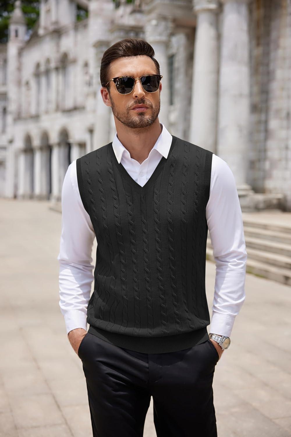 imageCOOFANDY Mens Sweater Vest Cable Knitted V Neck Slim Fit Sleeveless Pullover SweaterBlack