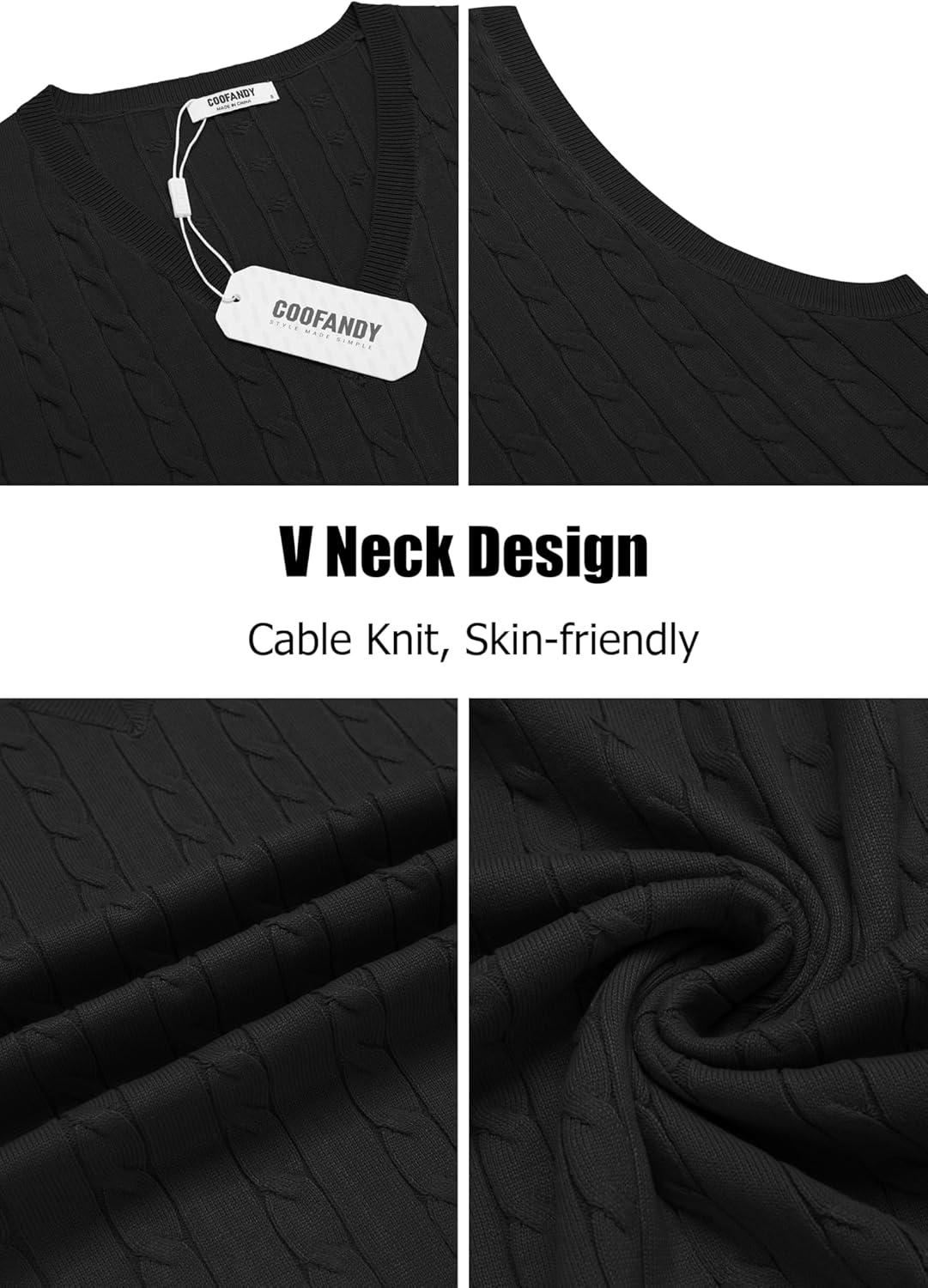 imageCOOFANDY Mens Sweater Vest Cable Knitted V Neck Slim Fit Sleeveless Pullover SweaterBlack