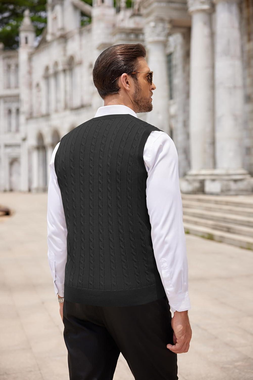 imageCOOFANDY Mens Sweater Vest Cable Knitted V Neck Slim Fit Sleeveless Pullover SweaterBlack