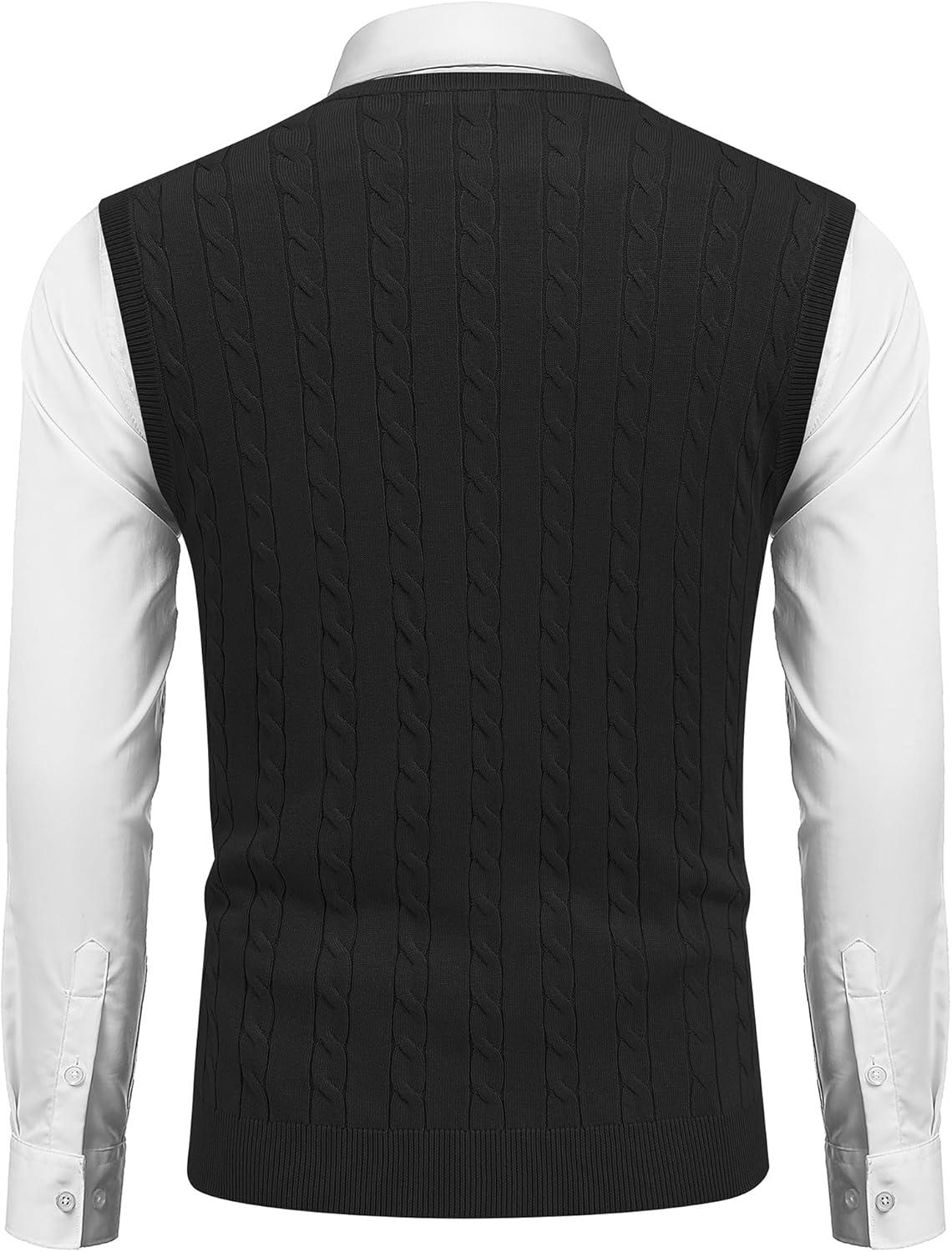 imageCOOFANDY Mens Sweater Vest Cable Knitted V Neck Slim Fit Sleeveless Pullover SweaterBlack