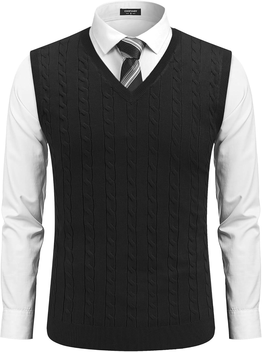 imageCOOFANDY Mens Sweater Vest Cable Knitted V Neck Slim Fit Sleeveless Pullover SweaterBlack