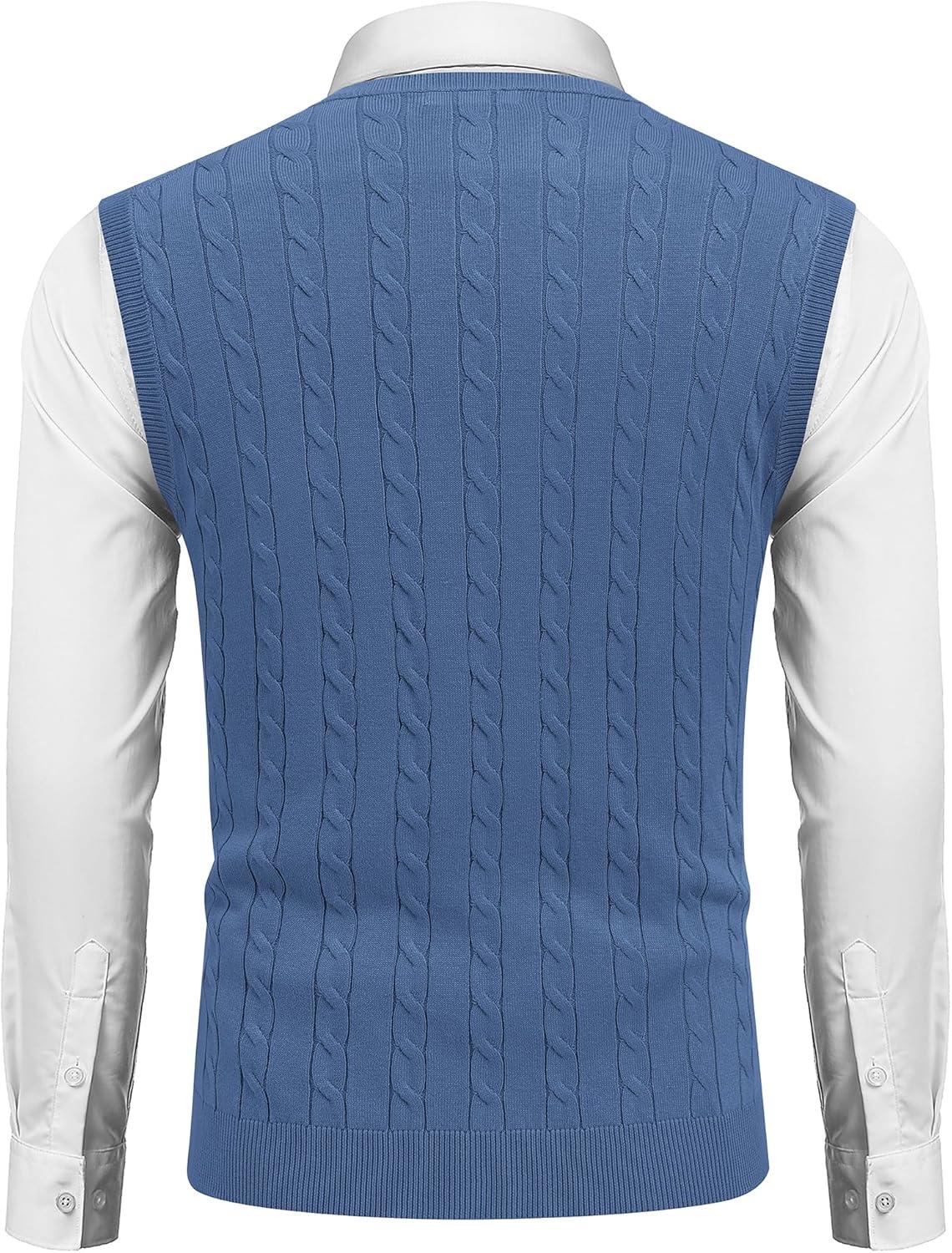 imageCOOFANDY Mens Sweater Vest Cable Knitted V Neck Slim Fit Sleeveless Pullover SweaterBlue