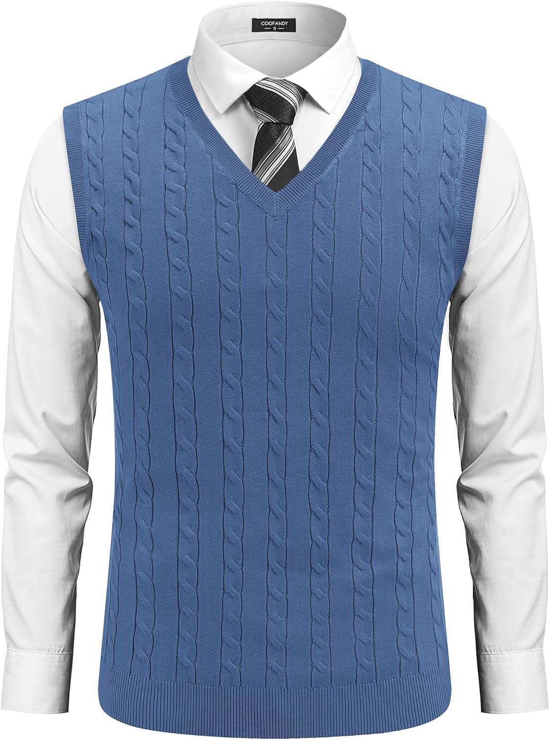 imageCOOFANDY Mens Sweater Vest Cable Knitted V Neck Slim Fit Sleeveless Pullover SweaterBlue