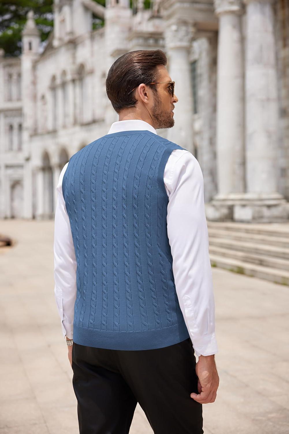 imageCOOFANDY Mens Sweater Vest Cable Knitted V Neck Slim Fit Sleeveless Pullover SweaterBlue