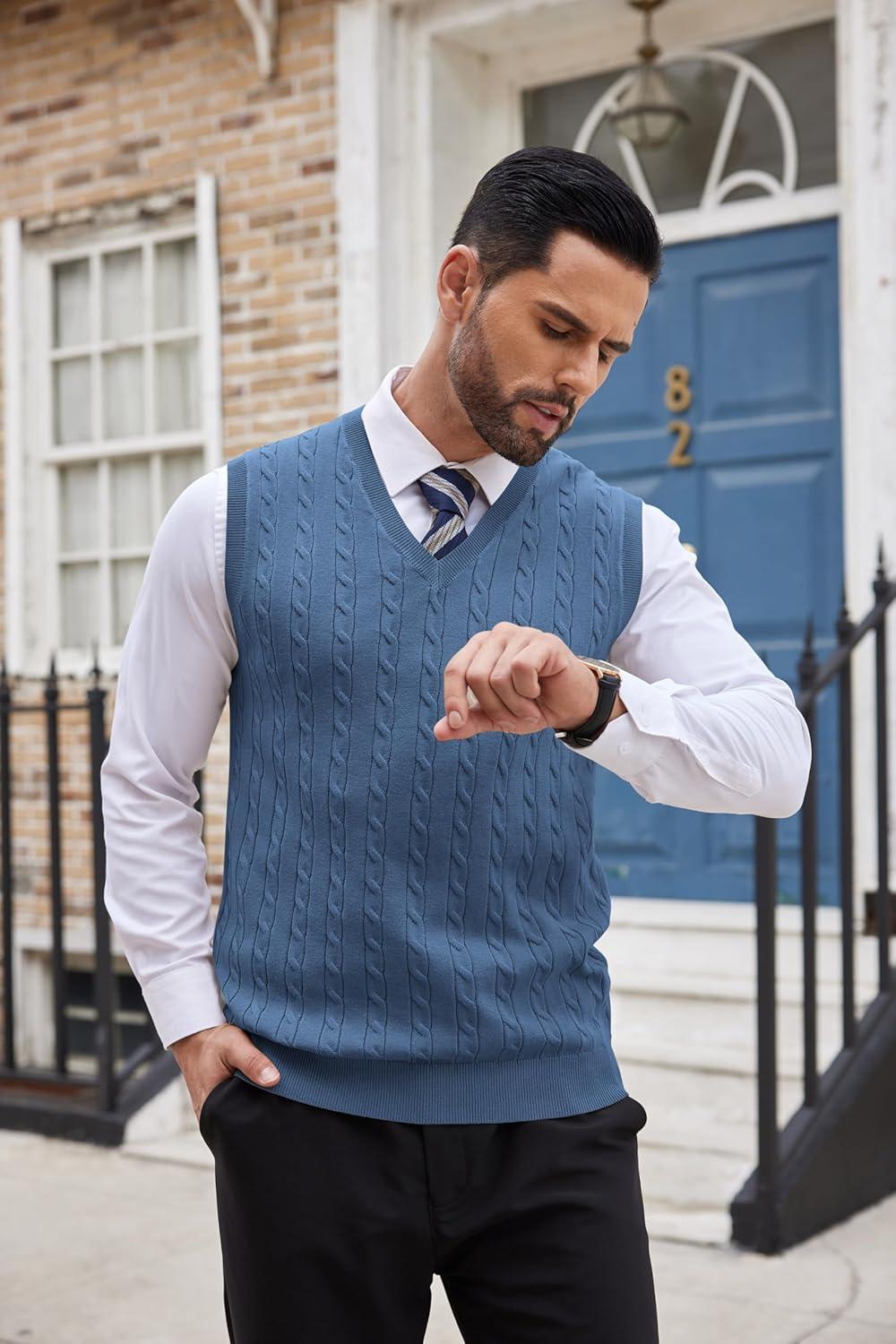 imageCOOFANDY Mens Sweater Vest Cable Knitted V Neck Slim Fit Sleeveless Pullover SweaterBlue