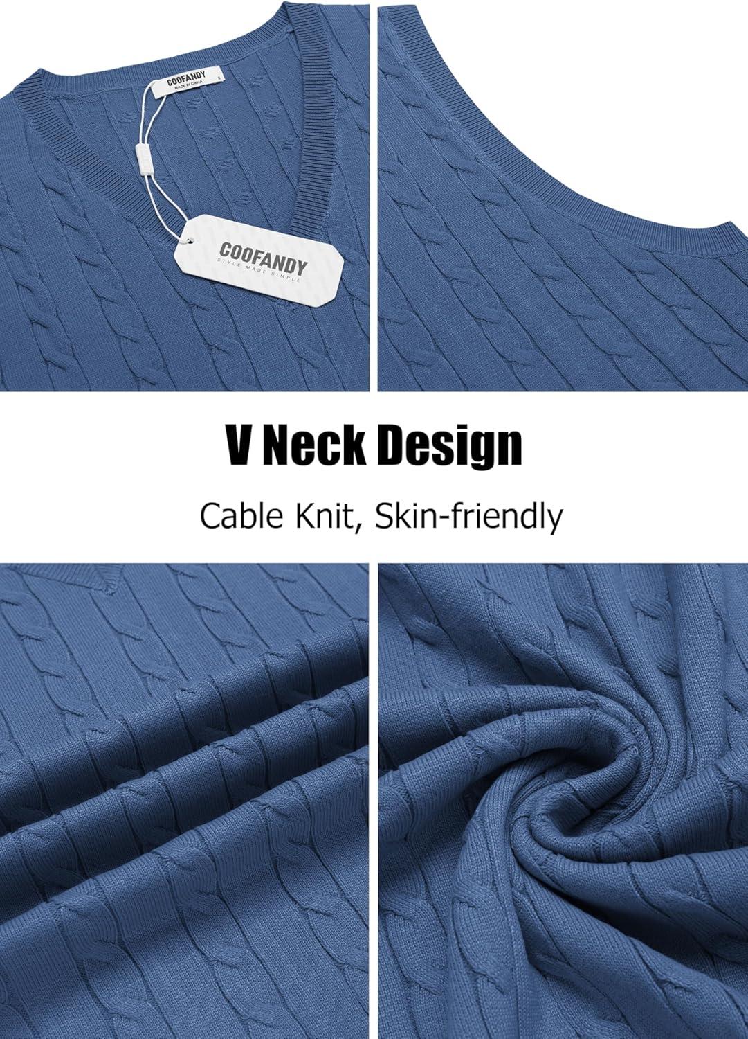 imageCOOFANDY Mens Sweater Vest Cable Knitted V Neck Slim Fit Sleeveless Pullover SweaterBlue