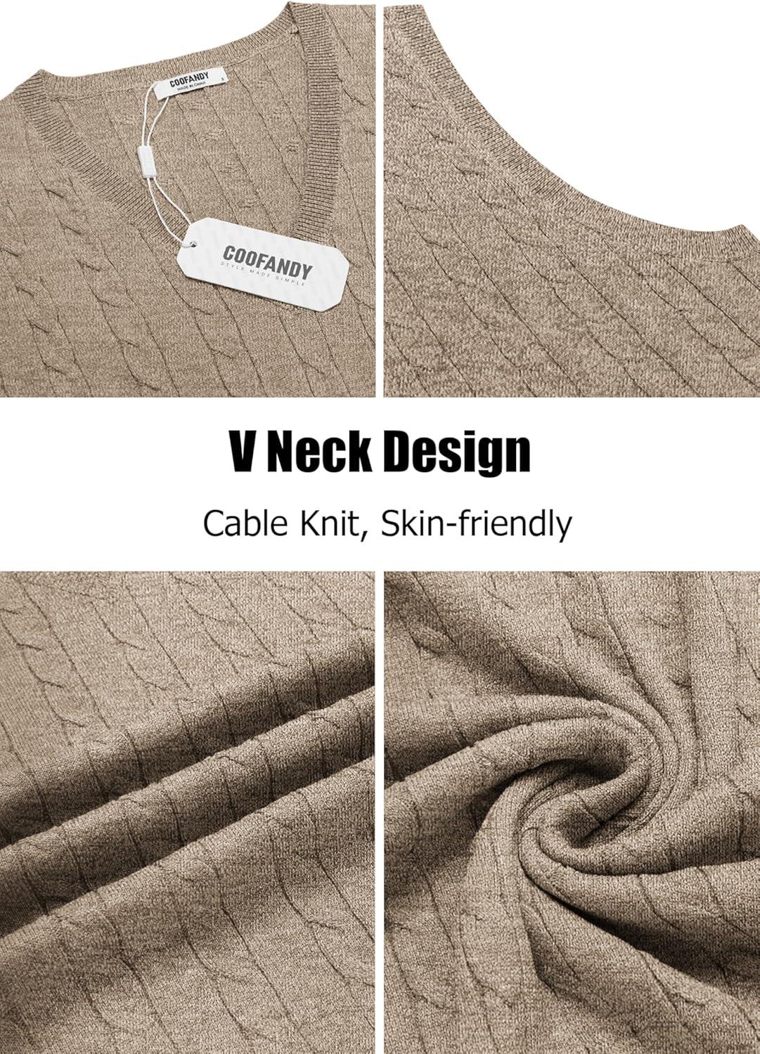 imageCOOFANDY Mens Sweater Vest Cable Knitted V Neck Slim Fit Sleeveless Pullover SweaterBrown