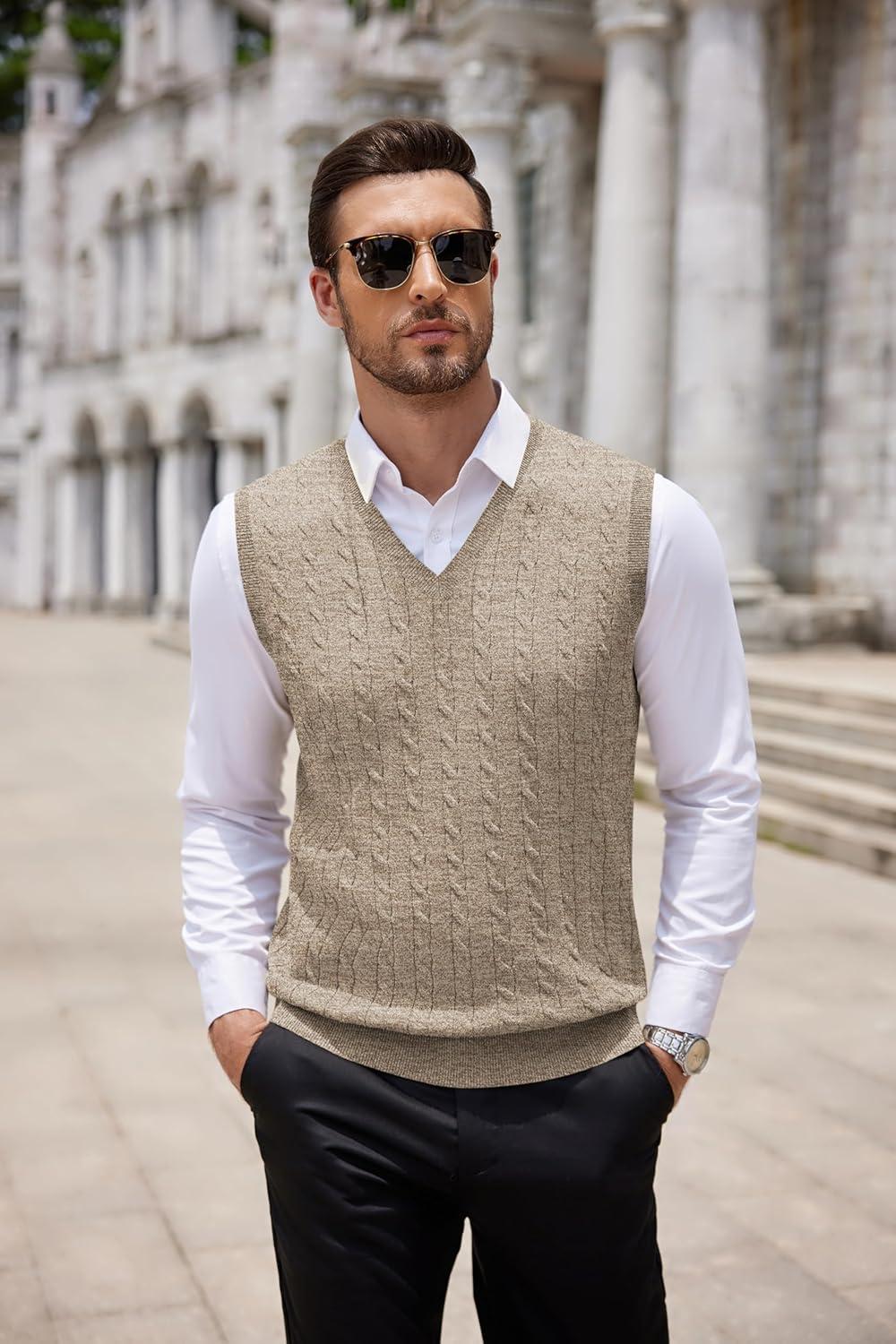 imageCOOFANDY Mens Sweater Vest Cable Knitted V Neck Slim Fit Sleeveless Pullover SweaterBrown