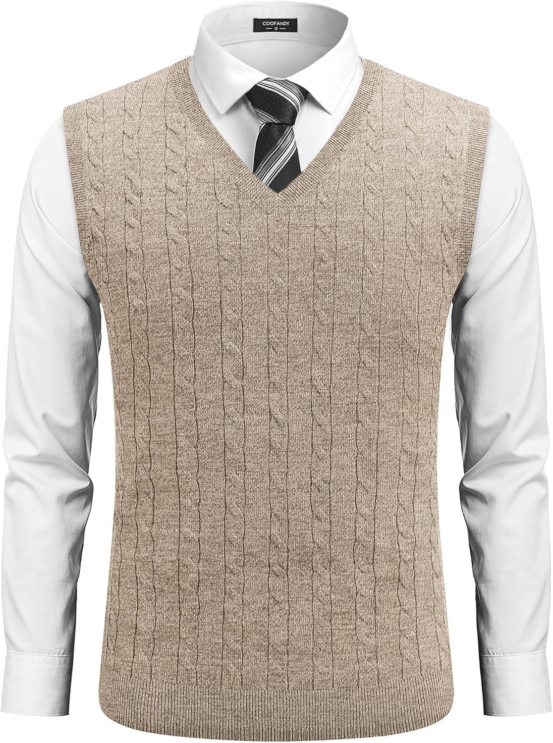 imageCOOFANDY Mens Sweater Vest Cable Knitted V Neck Slim Fit Sleeveless Pullover SweaterBrown