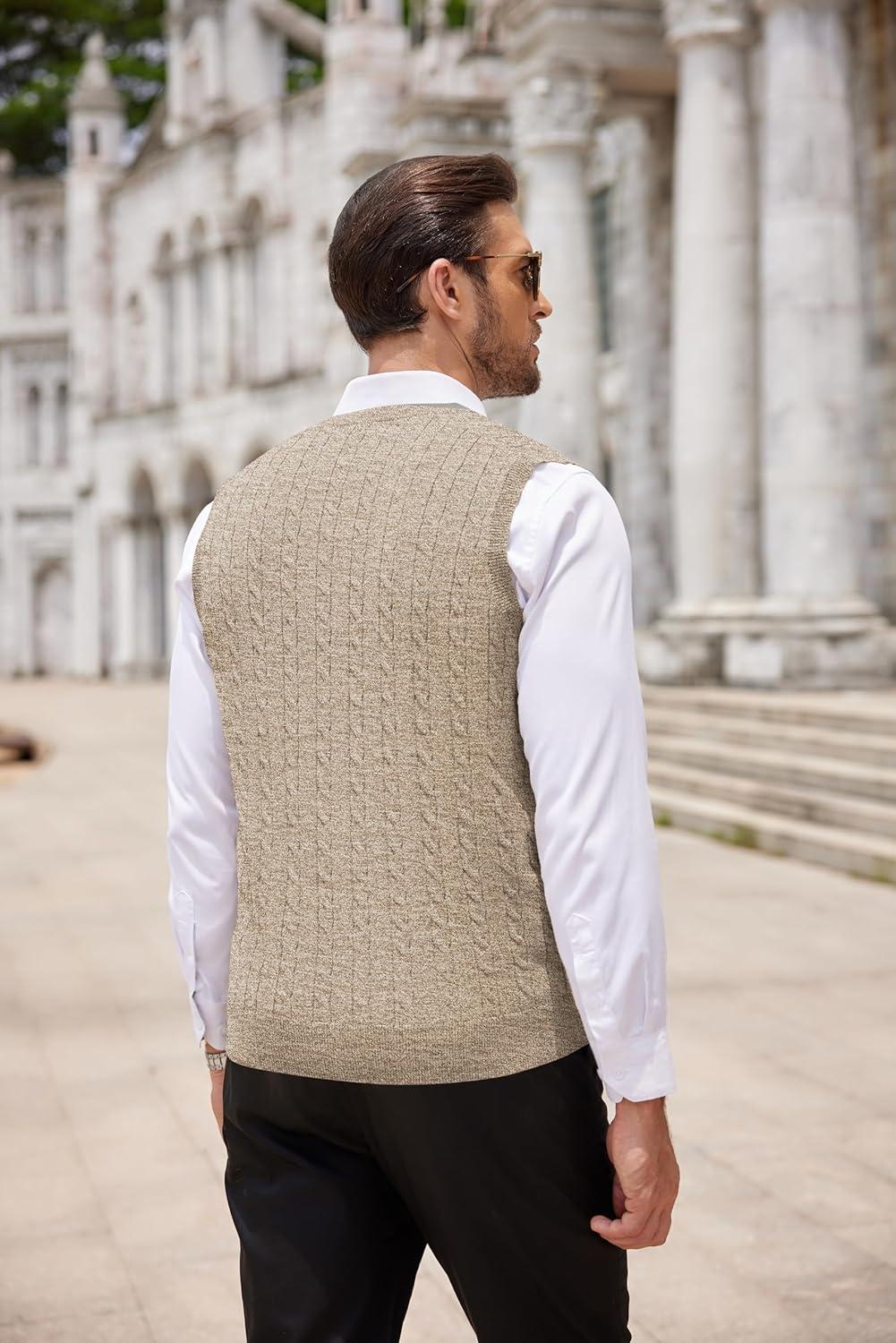 imageCOOFANDY Mens Sweater Vest Cable Knitted V Neck Slim Fit Sleeveless Pullover SweaterBrown