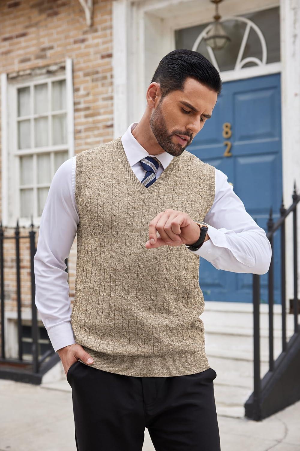 imageCOOFANDY Mens Sweater Vest Cable Knitted V Neck Slim Fit Sleeveless Pullover SweaterBrown