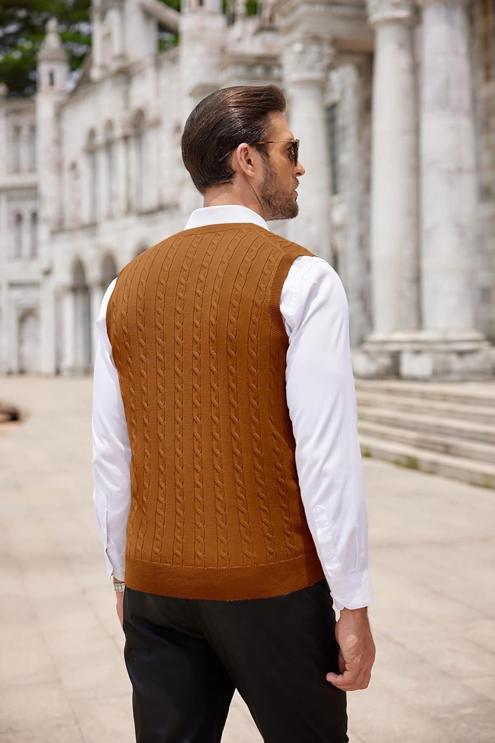 imageCOOFANDY Mens Sweater Vest Cable Knitted V Neck Slim Fit Sleeveless Pullover SweaterCaramel