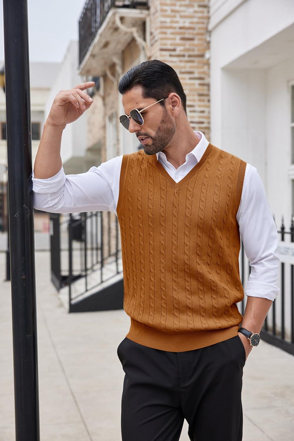 imageCOOFANDY Mens Sweater Vest Cable Knitted V Neck Slim Fit Sleeveless Pullover SweaterCaramel