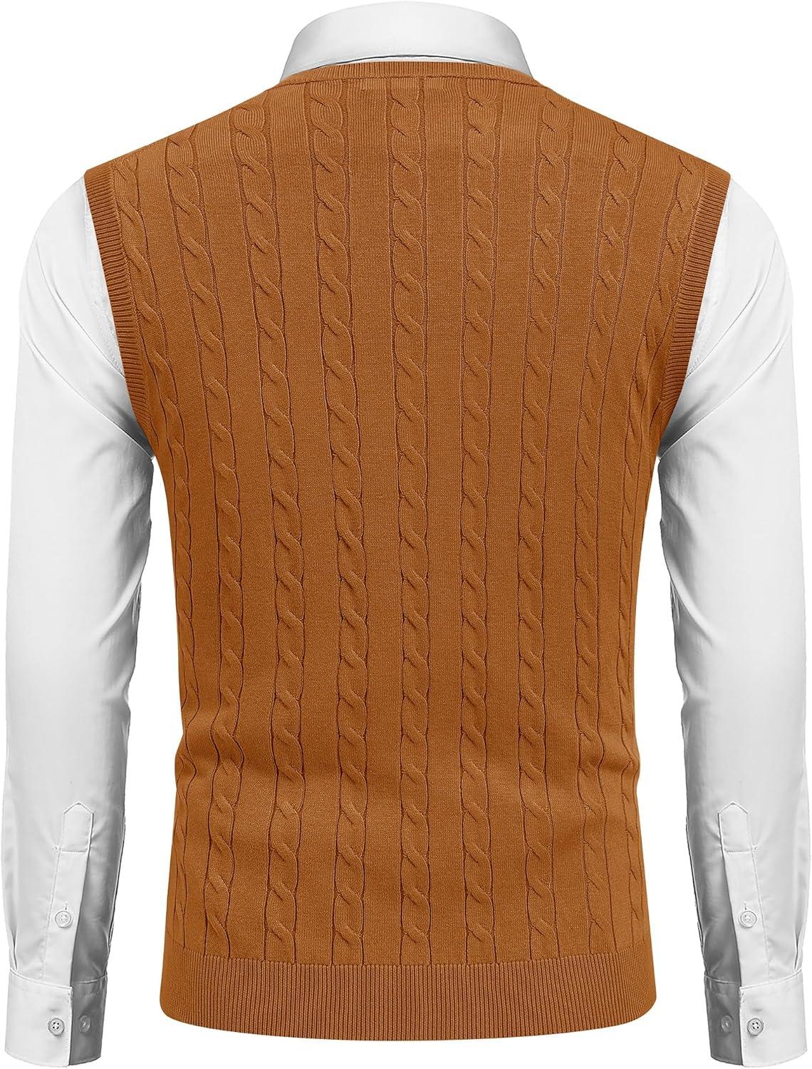 imageCOOFANDY Mens Sweater Vest Cable Knitted V Neck Slim Fit Sleeveless Pullover SweaterCaramel