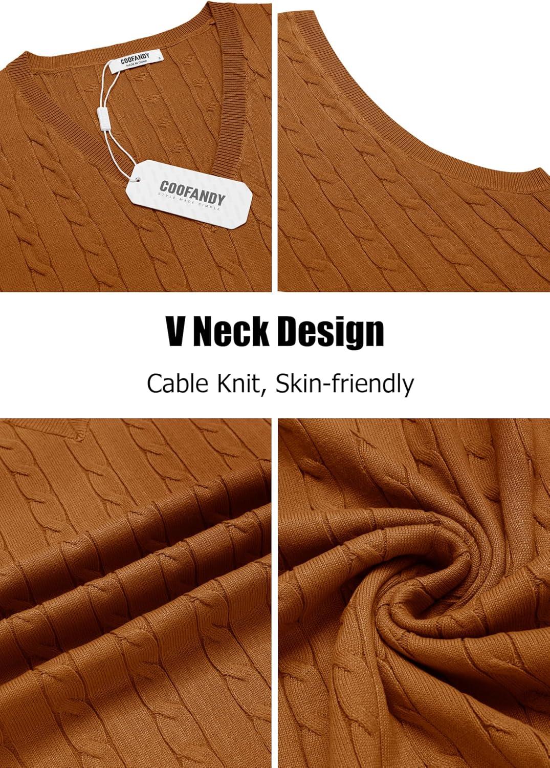 imageCOOFANDY Mens Sweater Vest Cable Knitted V Neck Slim Fit Sleeveless Pullover SweaterCaramel