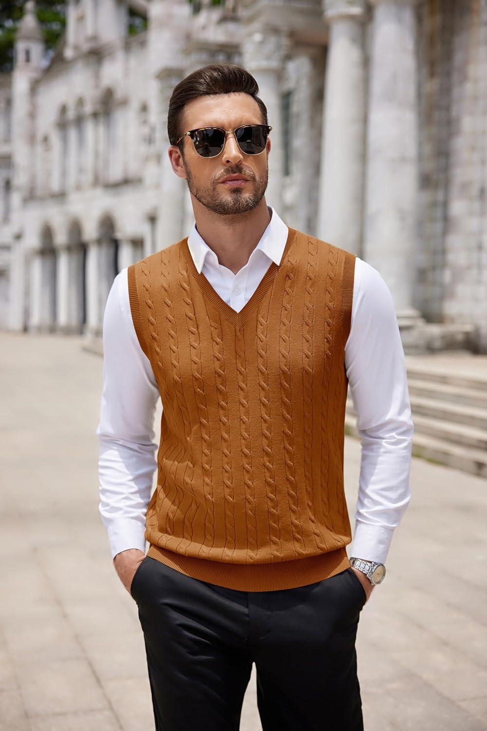 imageCOOFANDY Mens Sweater Vest Cable Knitted V Neck Slim Fit Sleeveless Pullover SweaterCaramel