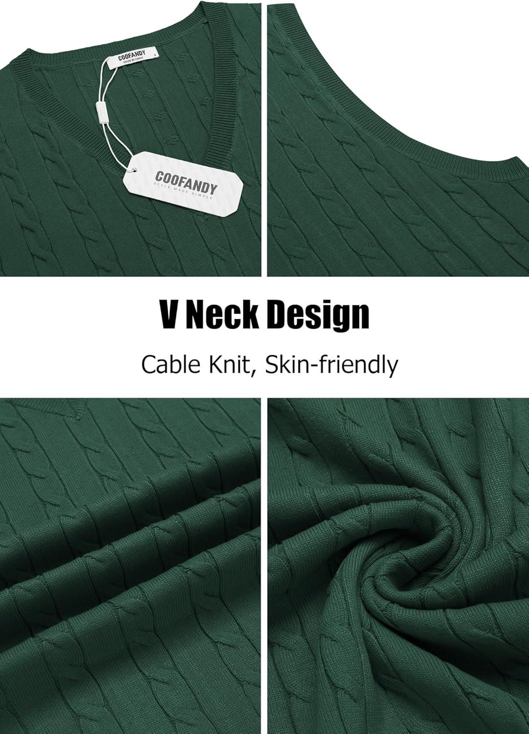 imageCOOFANDY Mens Sweater Vest Cable Knitted V Neck Slim Fit Sleeveless Pullover SweaterGreen
