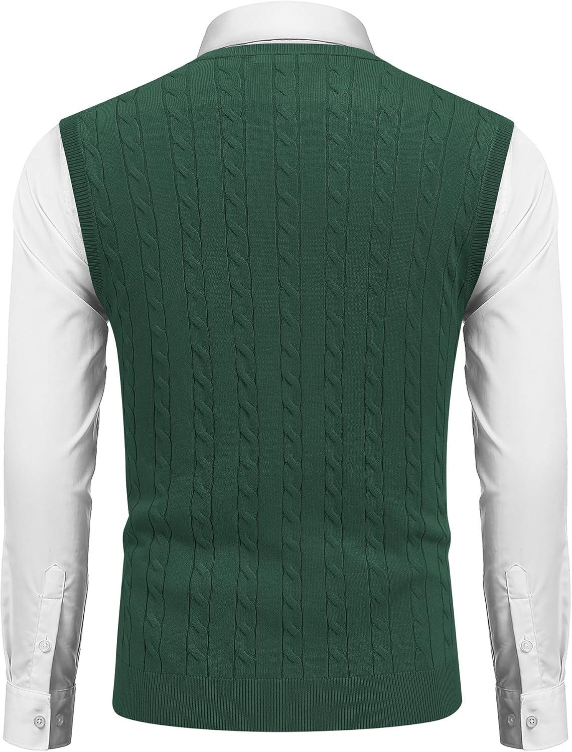 imageCOOFANDY Mens Sweater Vest Cable Knitted V Neck Slim Fit Sleeveless Pullover SweaterGreen