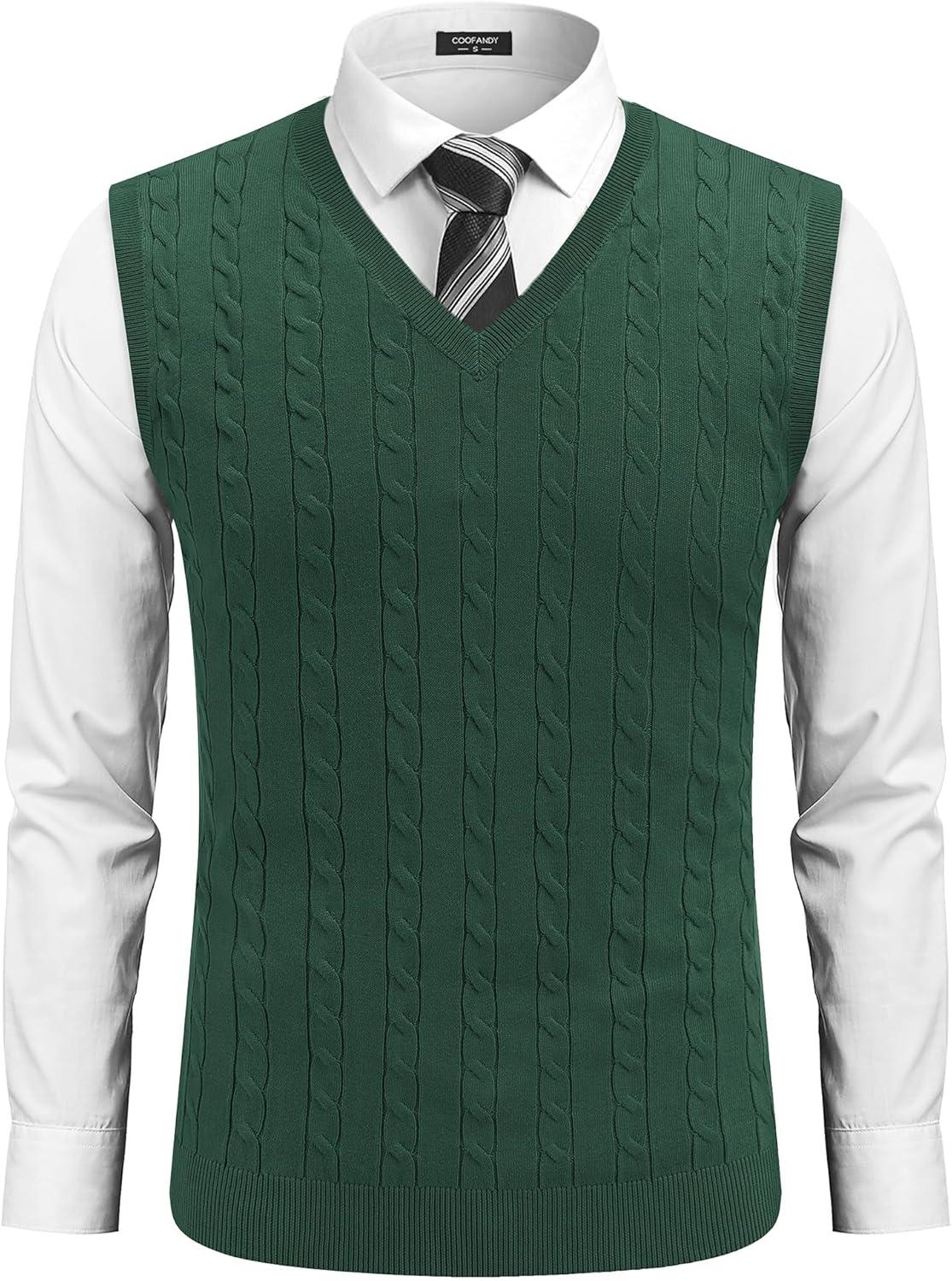 imageCOOFANDY Mens Sweater Vest Cable Knitted V Neck Slim Fit Sleeveless Pullover SweaterGreen