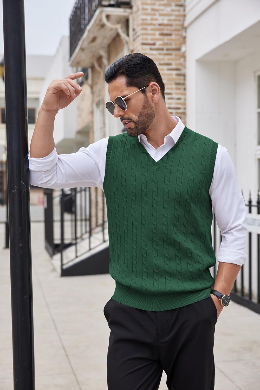 imageCOOFANDY Mens Sweater Vest Cable Knitted V Neck Slim Fit Sleeveless Pullover SweaterGreen