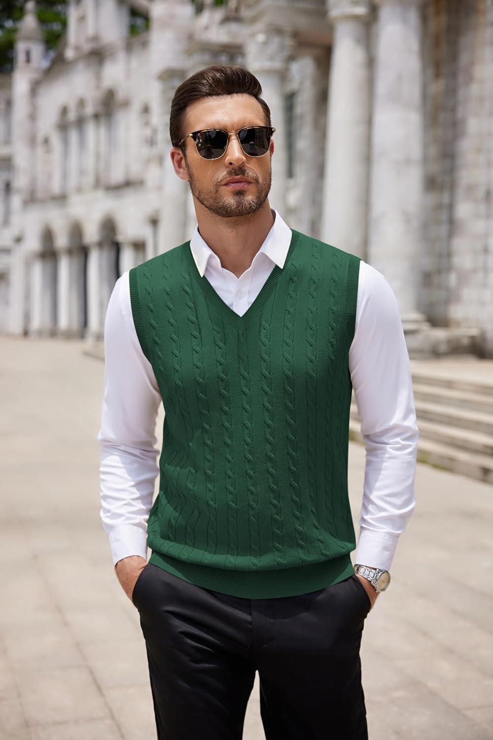 imageCOOFANDY Mens Sweater Vest Cable Knitted V Neck Slim Fit Sleeveless Pullover SweaterGreen