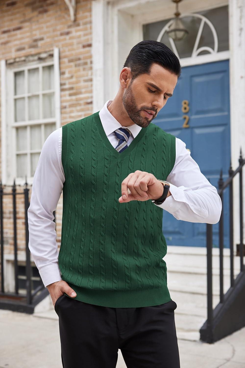 imageCOOFANDY Mens Sweater Vest Cable Knitted V Neck Slim Fit Sleeveless Pullover SweaterGreen
