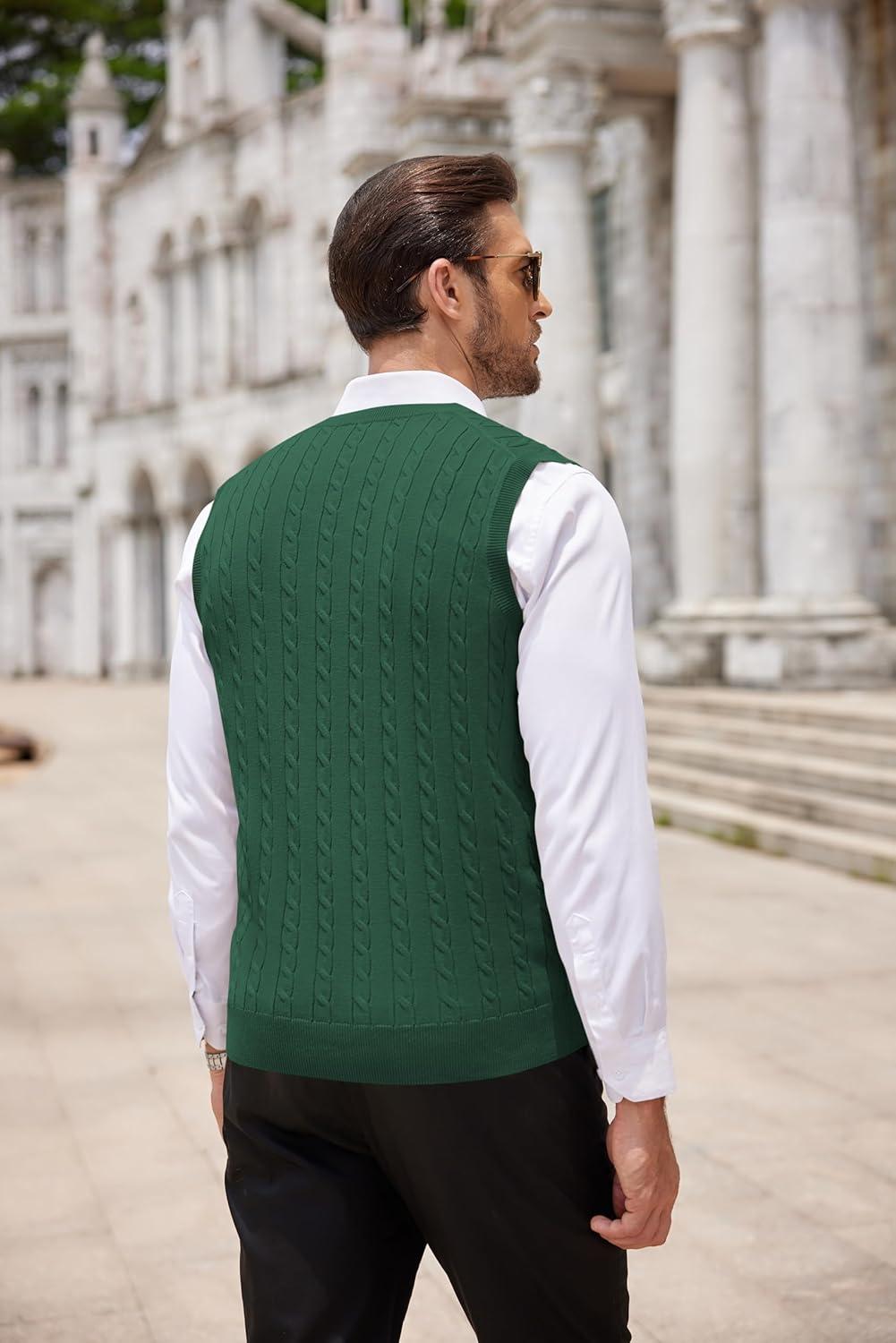 imageCOOFANDY Mens Sweater Vest Cable Knitted V Neck Slim Fit Sleeveless Pullover SweaterGreen