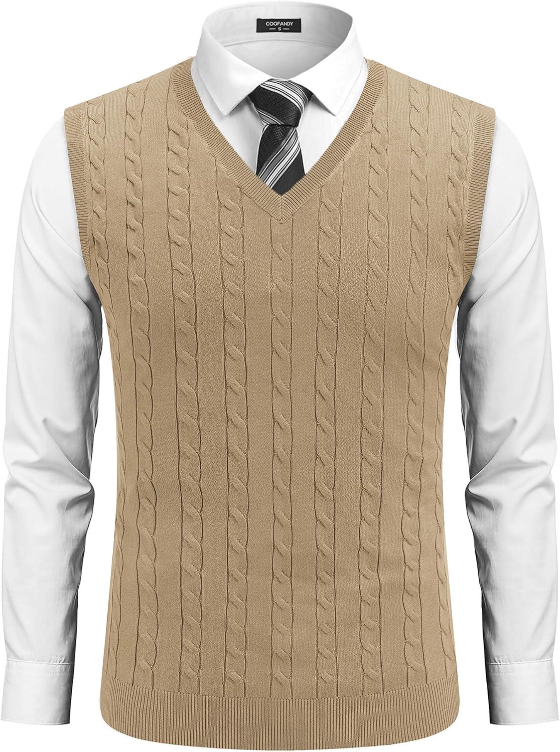 imageCOOFANDY Mens Sweater Vest Cable Knitted V Neck Slim Fit Sleeveless Pullover SweaterKhaki