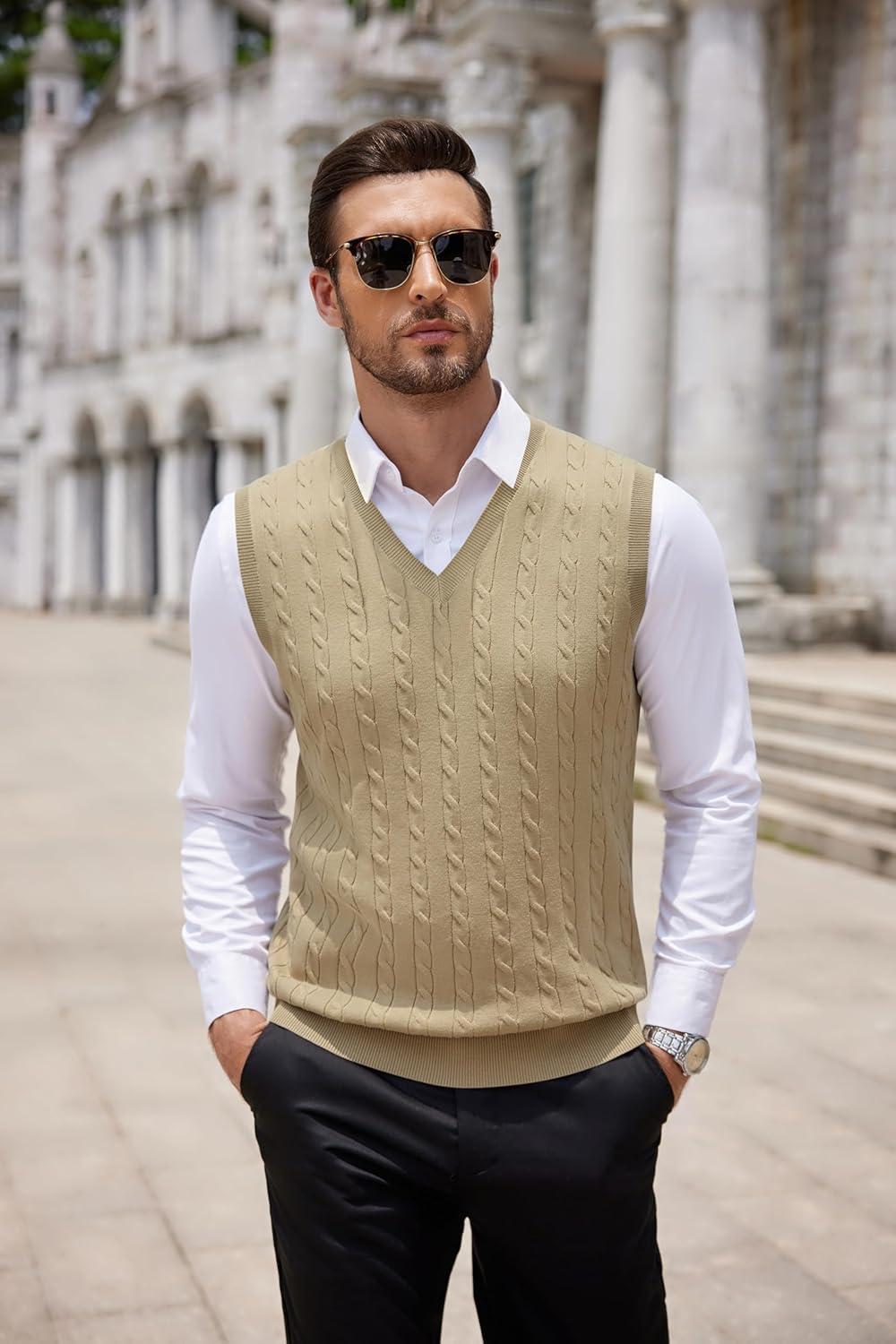imageCOOFANDY Mens Sweater Vest Cable Knitted V Neck Slim Fit Sleeveless Pullover SweaterKhaki