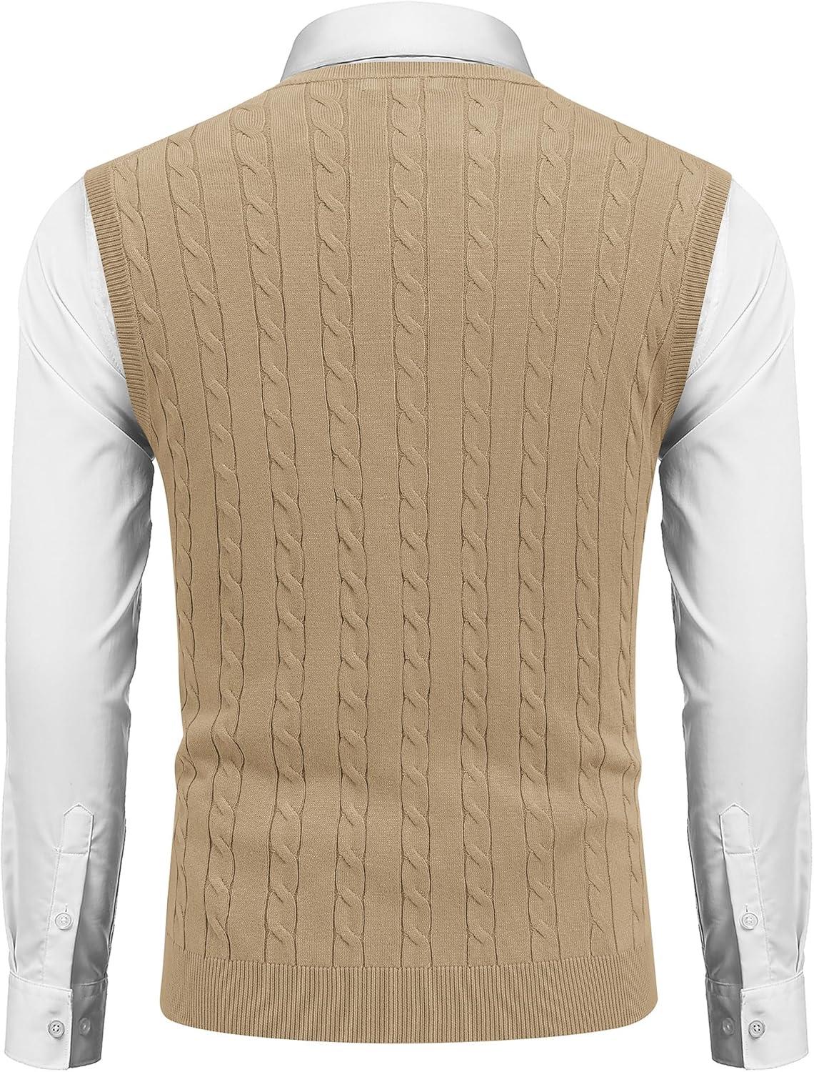 imageCOOFANDY Mens Sweater Vest Cable Knitted V Neck Slim Fit Sleeveless Pullover SweaterKhaki