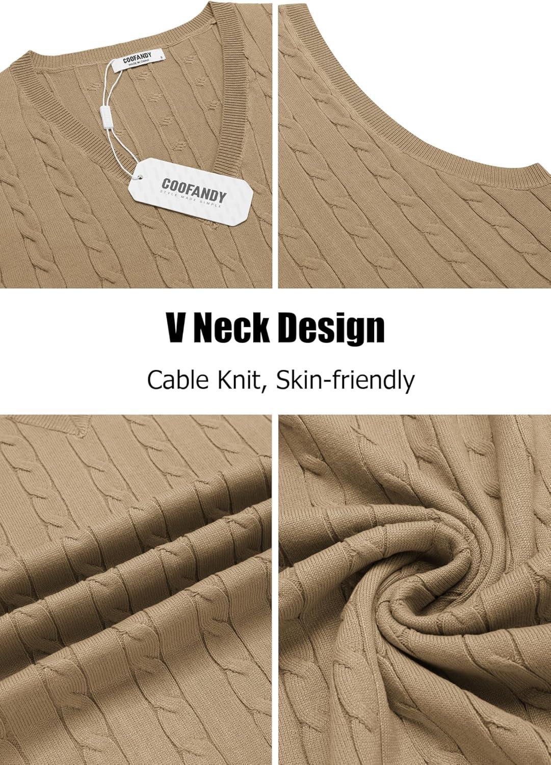 imageCOOFANDY Mens Sweater Vest Cable Knitted V Neck Slim Fit Sleeveless Pullover SweaterKhaki