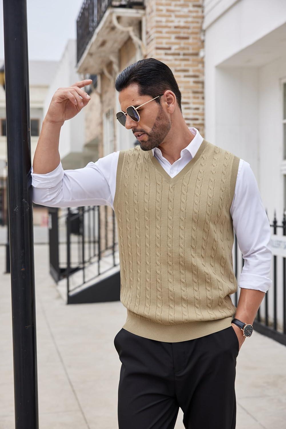 imageCOOFANDY Mens Sweater Vest Cable Knitted V Neck Slim Fit Sleeveless Pullover SweaterKhaki