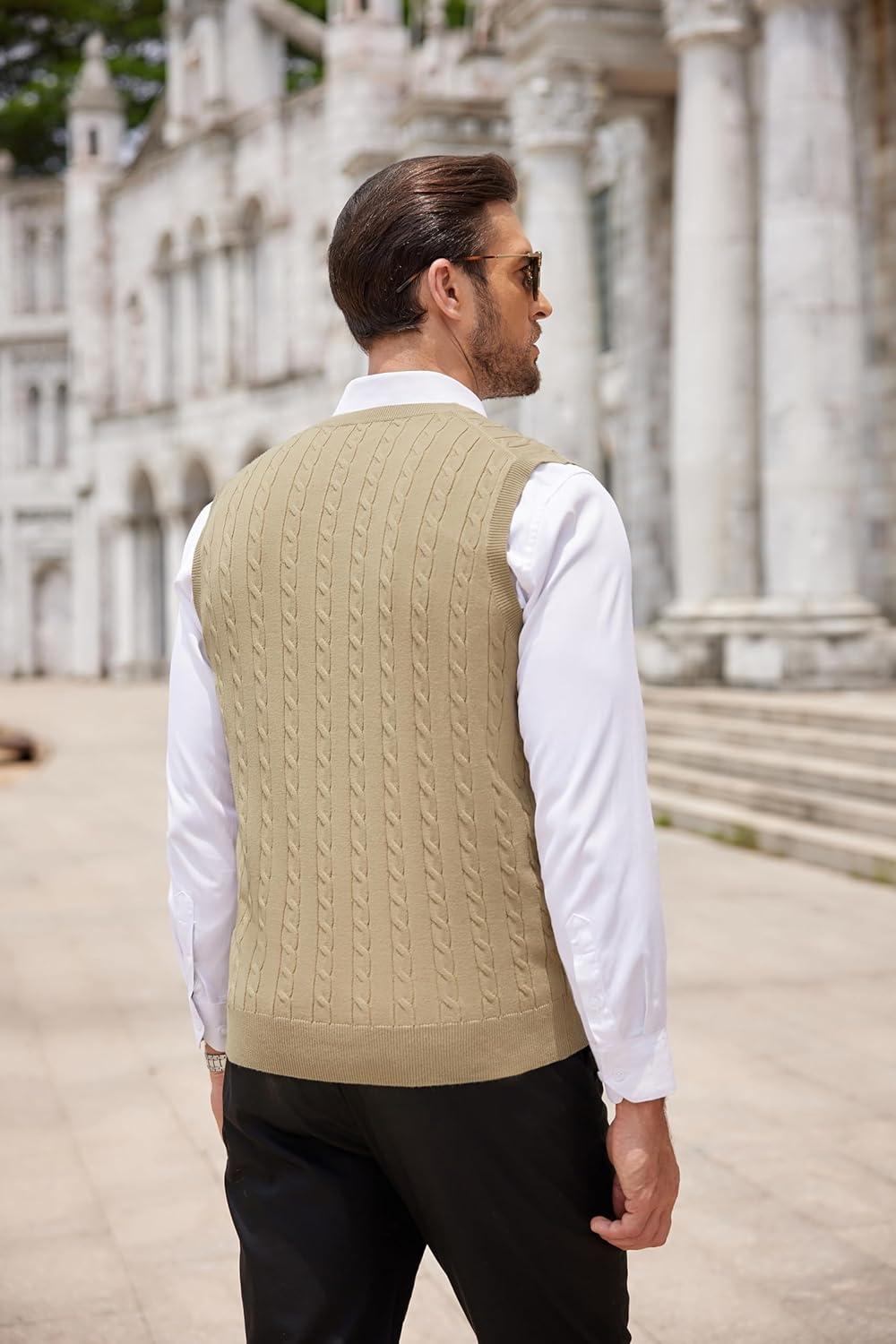 imageCOOFANDY Mens Sweater Vest Cable Knitted V Neck Slim Fit Sleeveless Pullover SweaterKhaki