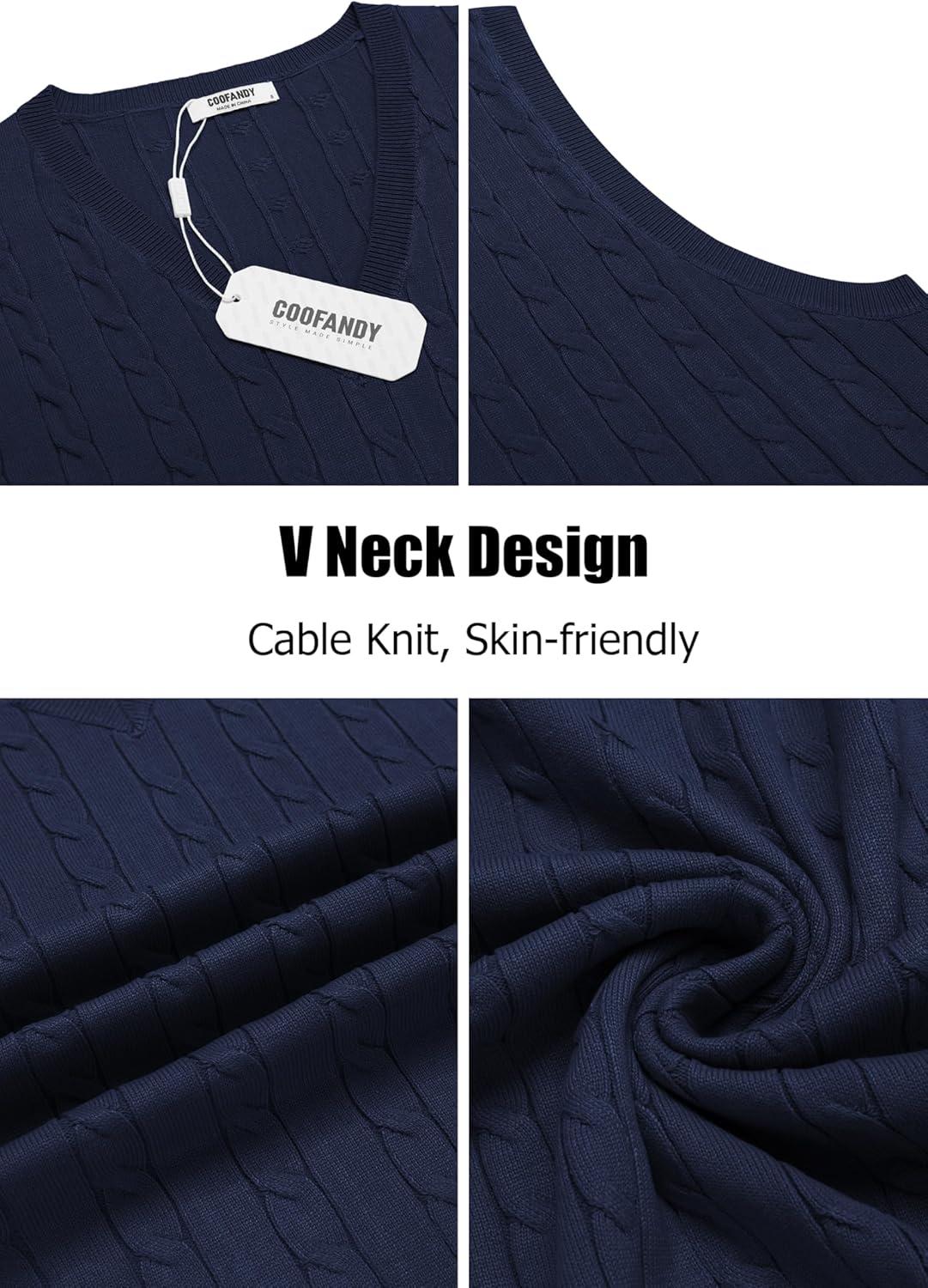 imageCOOFANDY Mens Sweater Vest Cable Knitted V Neck Slim Fit Sleeveless Pullover SweaterNavy Blue