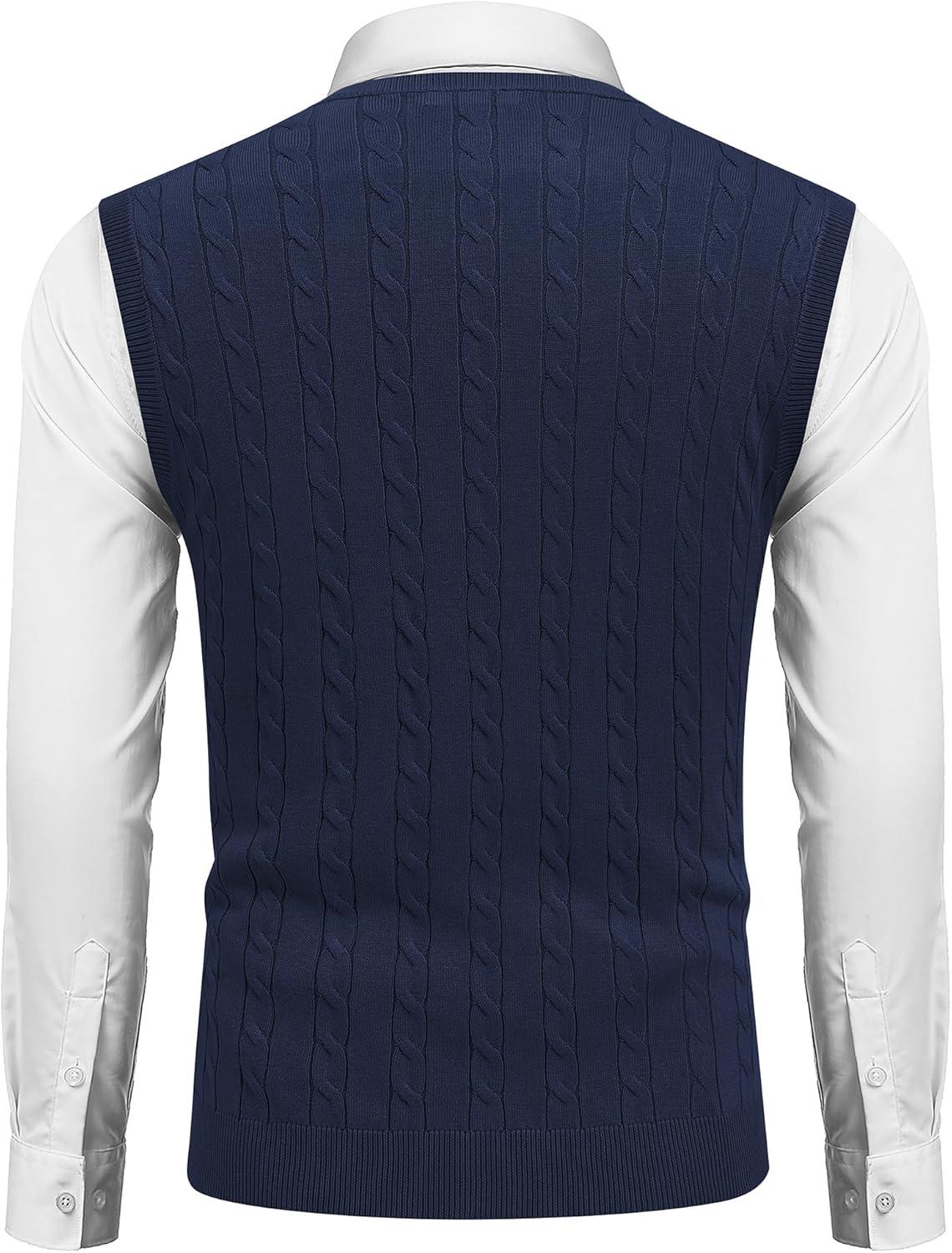 imageCOOFANDY Mens Sweater Vest Cable Knitted V Neck Slim Fit Sleeveless Pullover SweaterNavy Blue