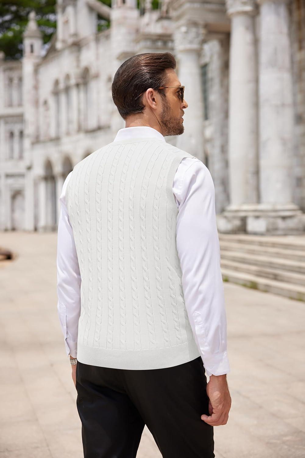 imageCOOFANDY Mens Sweater Vest Cable Knitted V Neck Slim Fit Sleeveless Pullover SweaterWhite