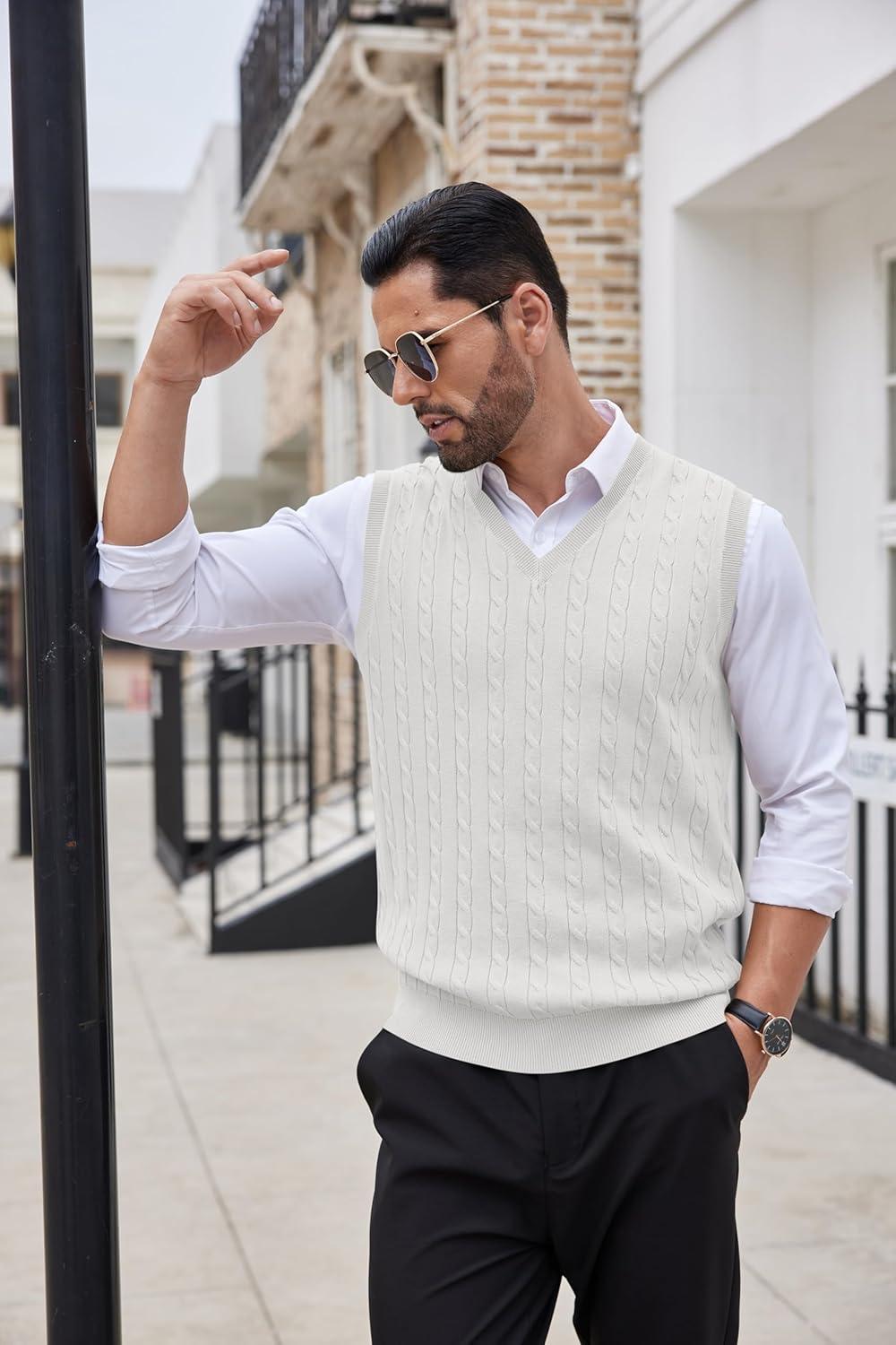 imageCOOFANDY Mens Sweater Vest Cable Knitted V Neck Slim Fit Sleeveless Pullover SweaterWhite