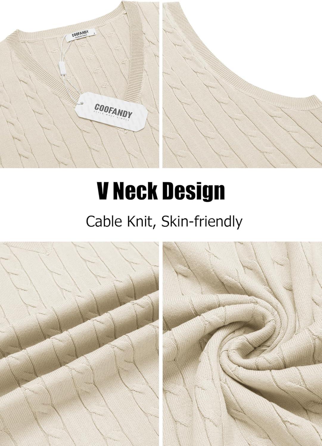 imageCOOFANDY Mens Sweater Vest Cable Knitted V Neck Slim Fit Sleeveless Pullover SweaterWhite