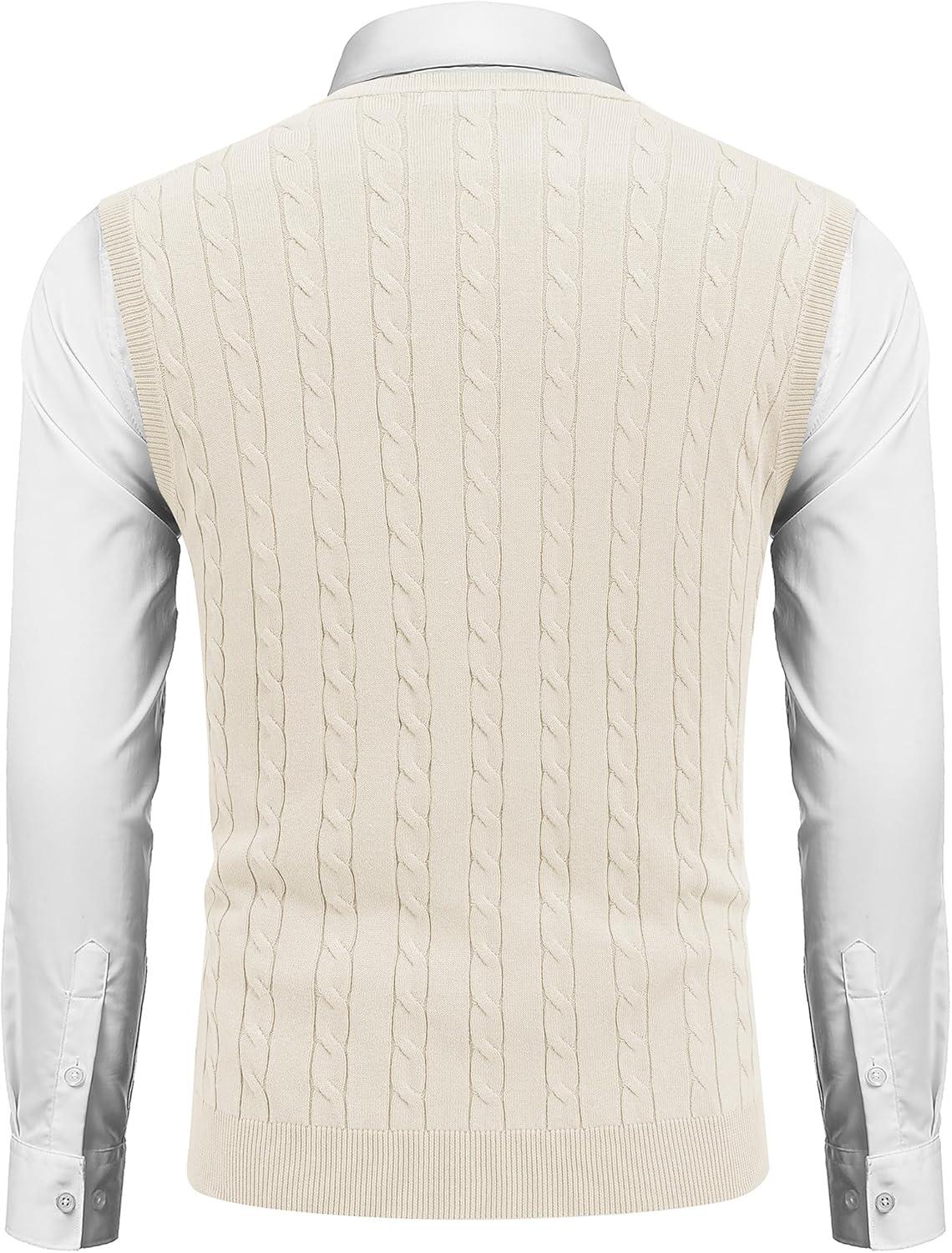imageCOOFANDY Mens Sweater Vest Cable Knitted V Neck Slim Fit Sleeveless Pullover SweaterWhite