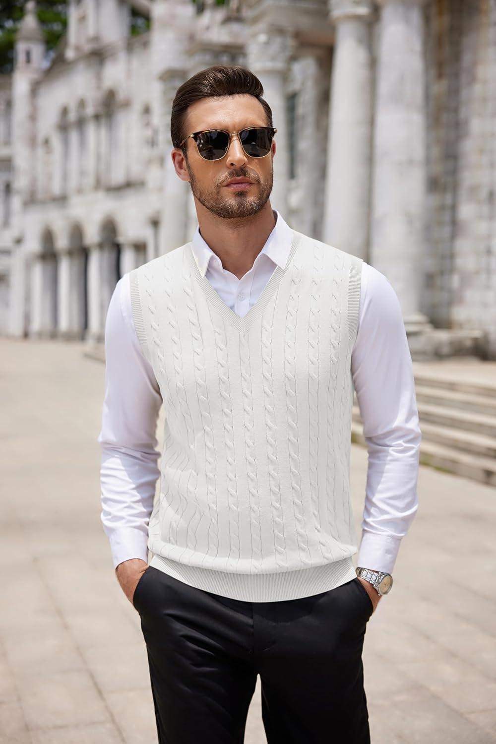 imageCOOFANDY Mens Sweater Vest Cable Knitted V Neck Slim Fit Sleeveless Pullover SweaterWhite