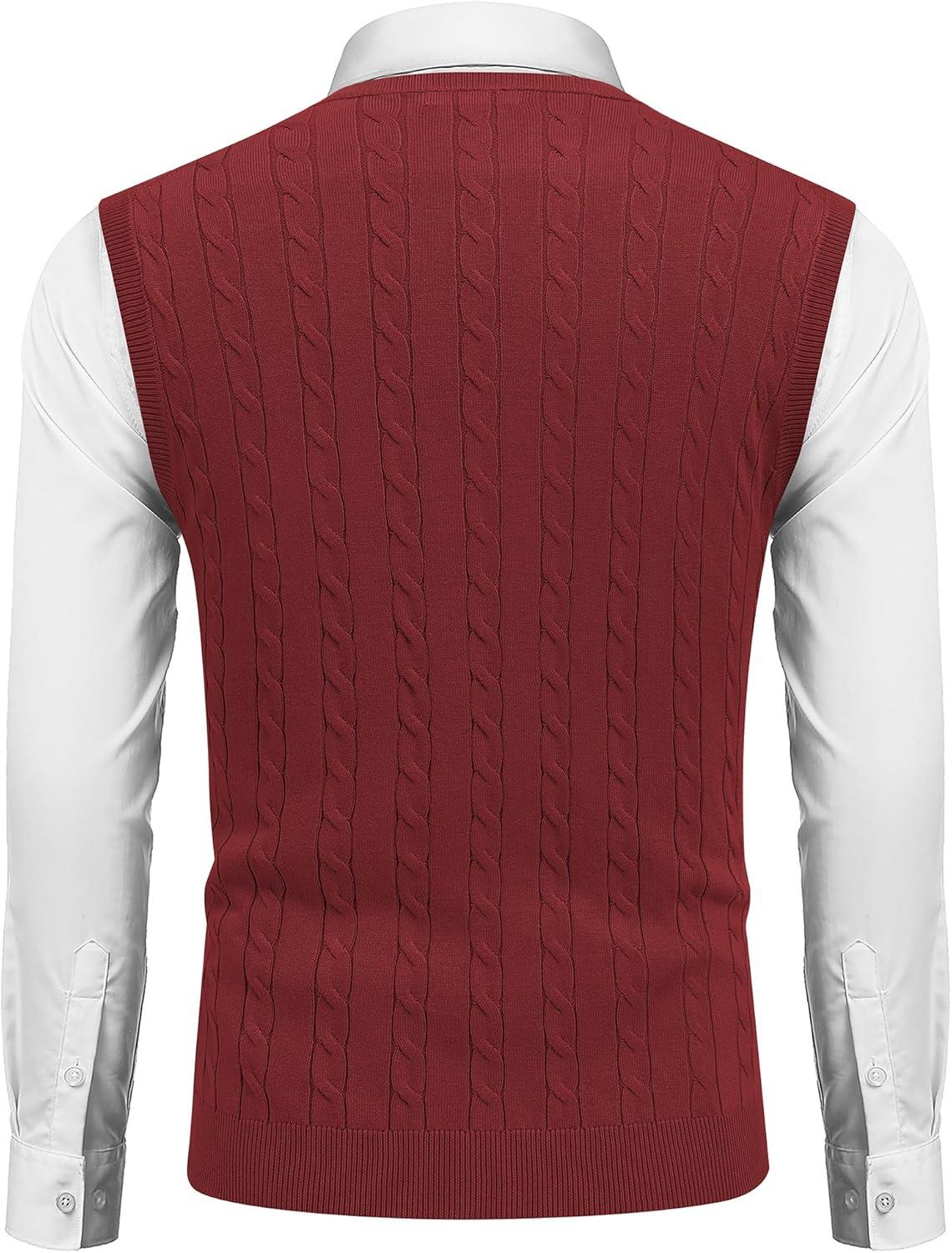 imageCOOFANDY Mens Sweater Vest Cable Knitted V Neck Slim Fit Sleeveless Pullover SweaterWine Red