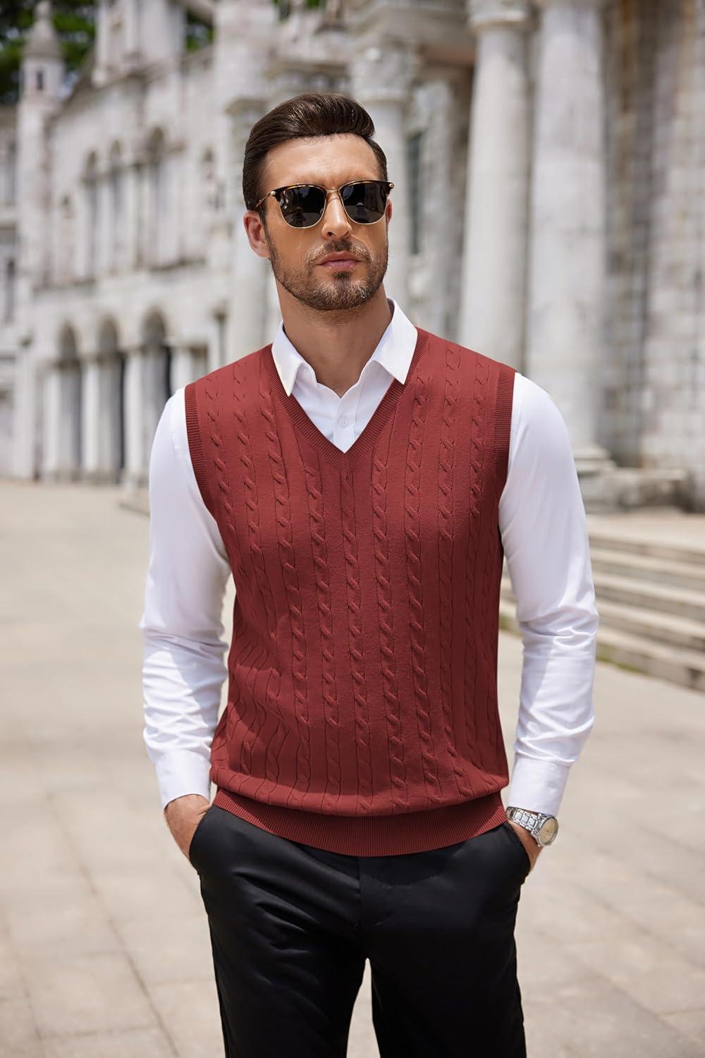 imageCOOFANDY Mens Sweater Vest Cable Knitted V Neck Slim Fit Sleeveless Pullover SweaterWine Red