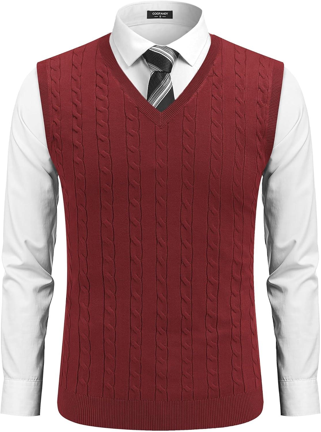 imageCOOFANDY Mens Sweater Vest Cable Knitted V Neck Slim Fit Sleeveless Pullover SweaterWine Red