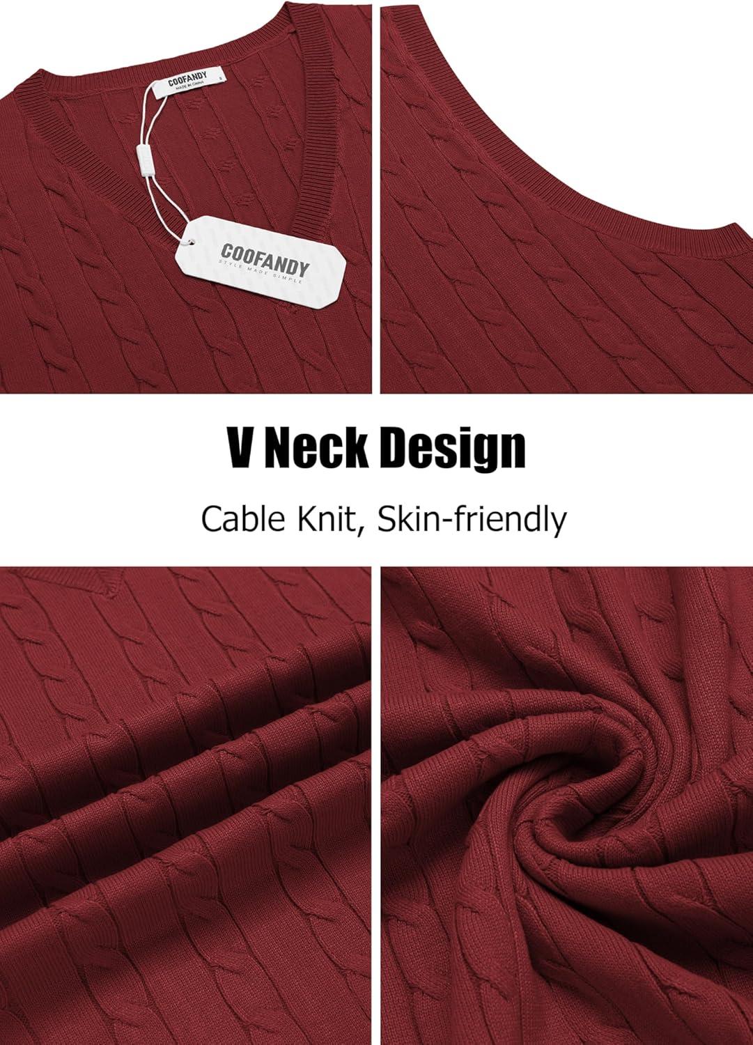 imageCOOFANDY Mens Sweater Vest Cable Knitted V Neck Slim Fit Sleeveless Pullover SweaterWine Red
