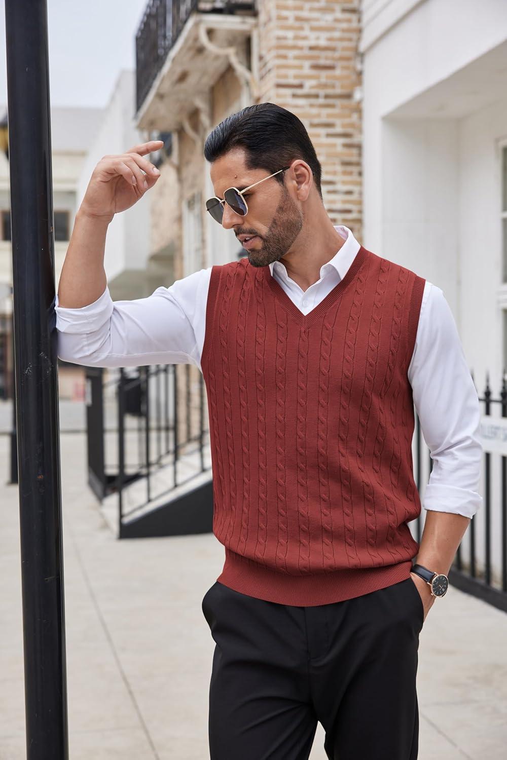 imageCOOFANDY Mens Sweater Vest Cable Knitted V Neck Slim Fit Sleeveless Pullover SweaterWine Red
