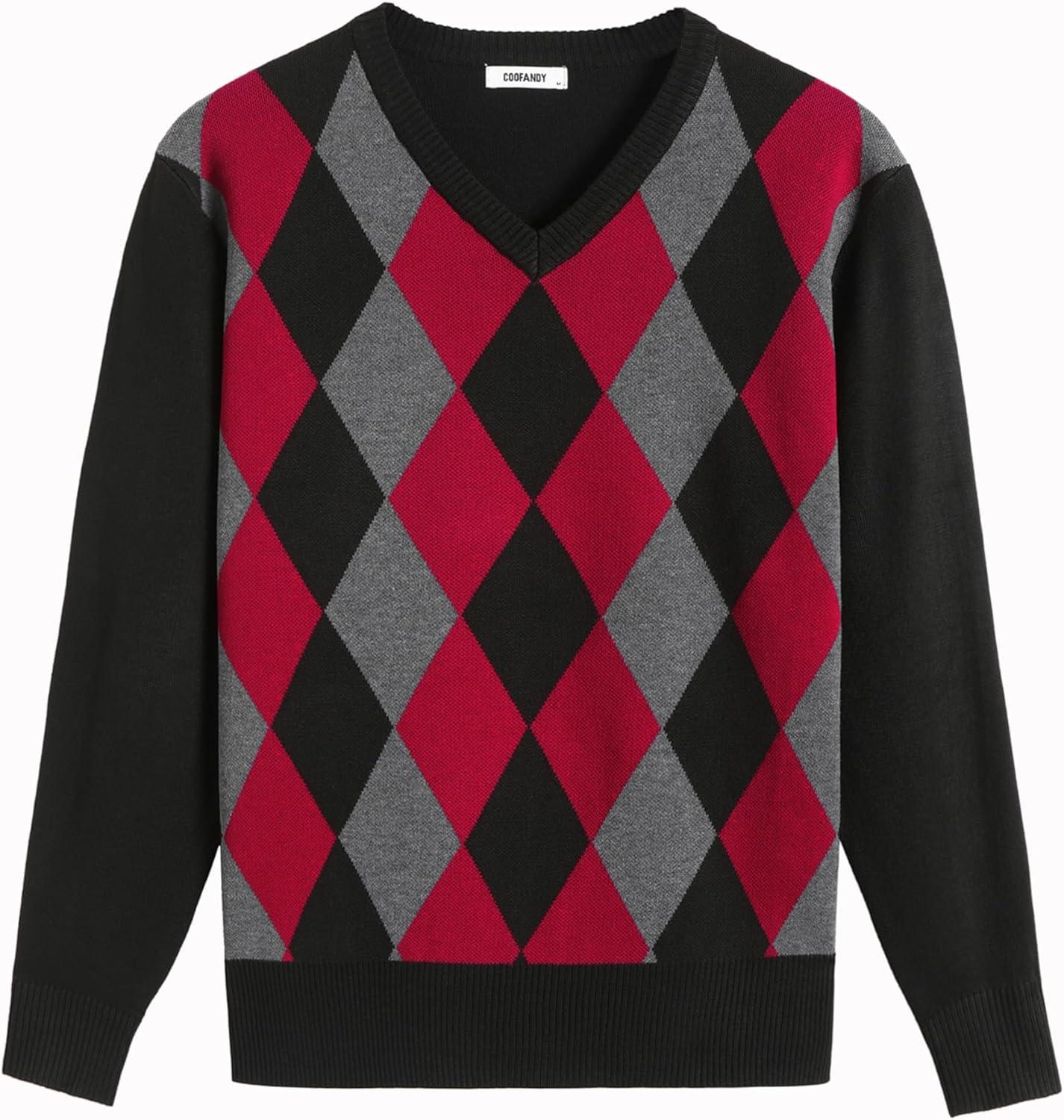 imageCOOFANDY Mens V Neck Sweater Lightweight Knitted Pullover SweatersBlackdiamond Pattern