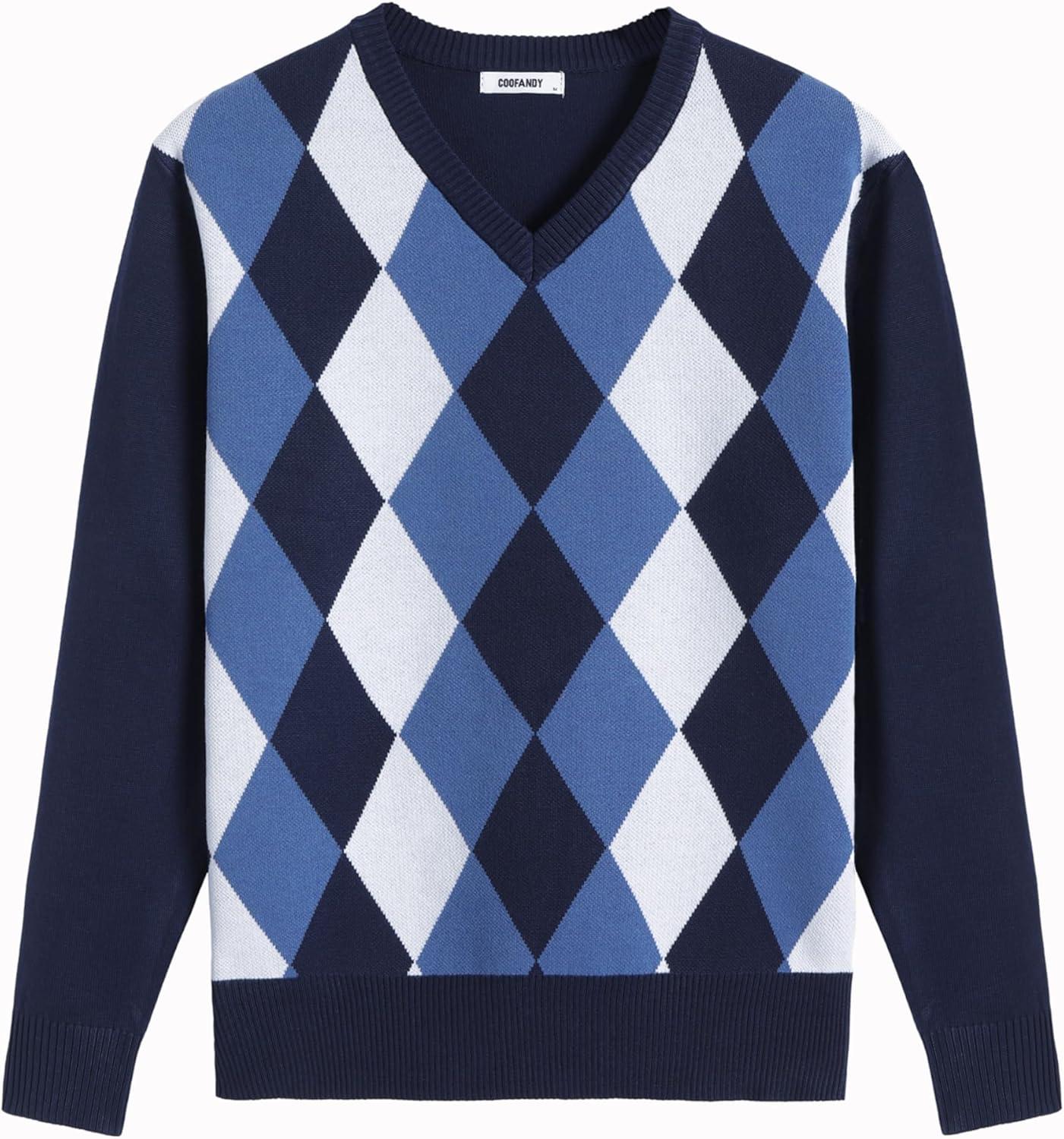 imageCOOFANDY Mens V Neck Sweater Lightweight Knitted Pullover SweatersBluediamond Pattern