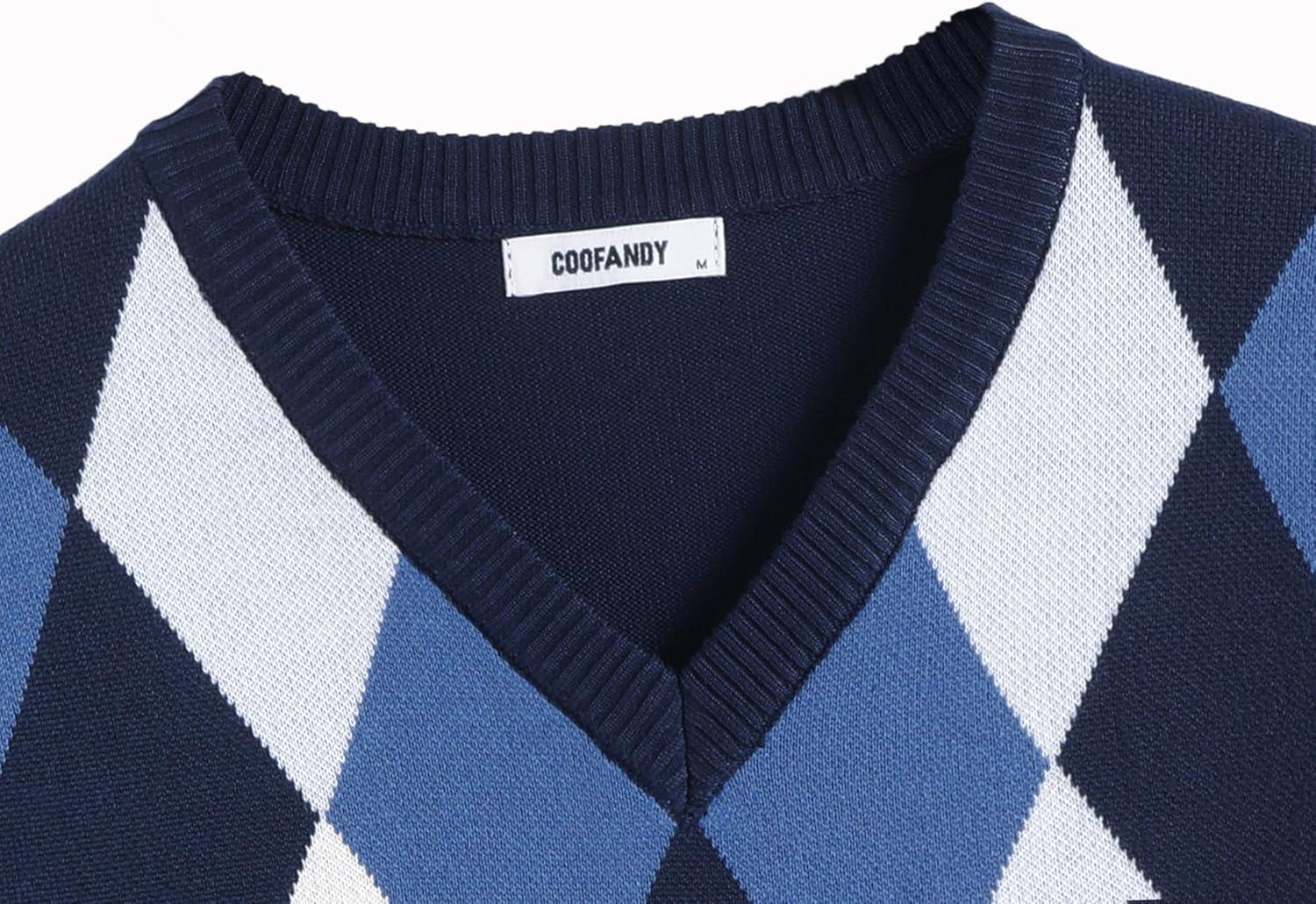 imageCOOFANDY Mens V Neck Sweater Lightweight Knitted Pullover SweatersBluediamond Pattern